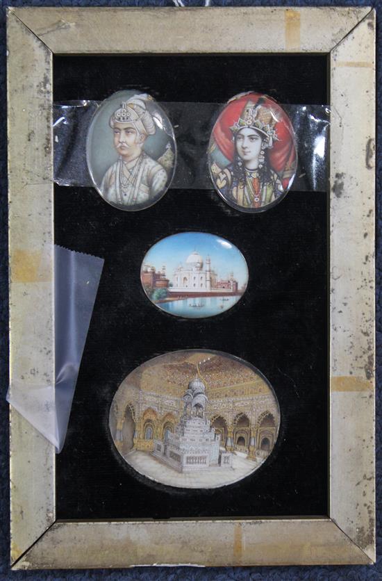 19th century Indian School Miniatures of a nobleman and princess, and views of a temple and a temple interior, largest 1.5 x 2in.